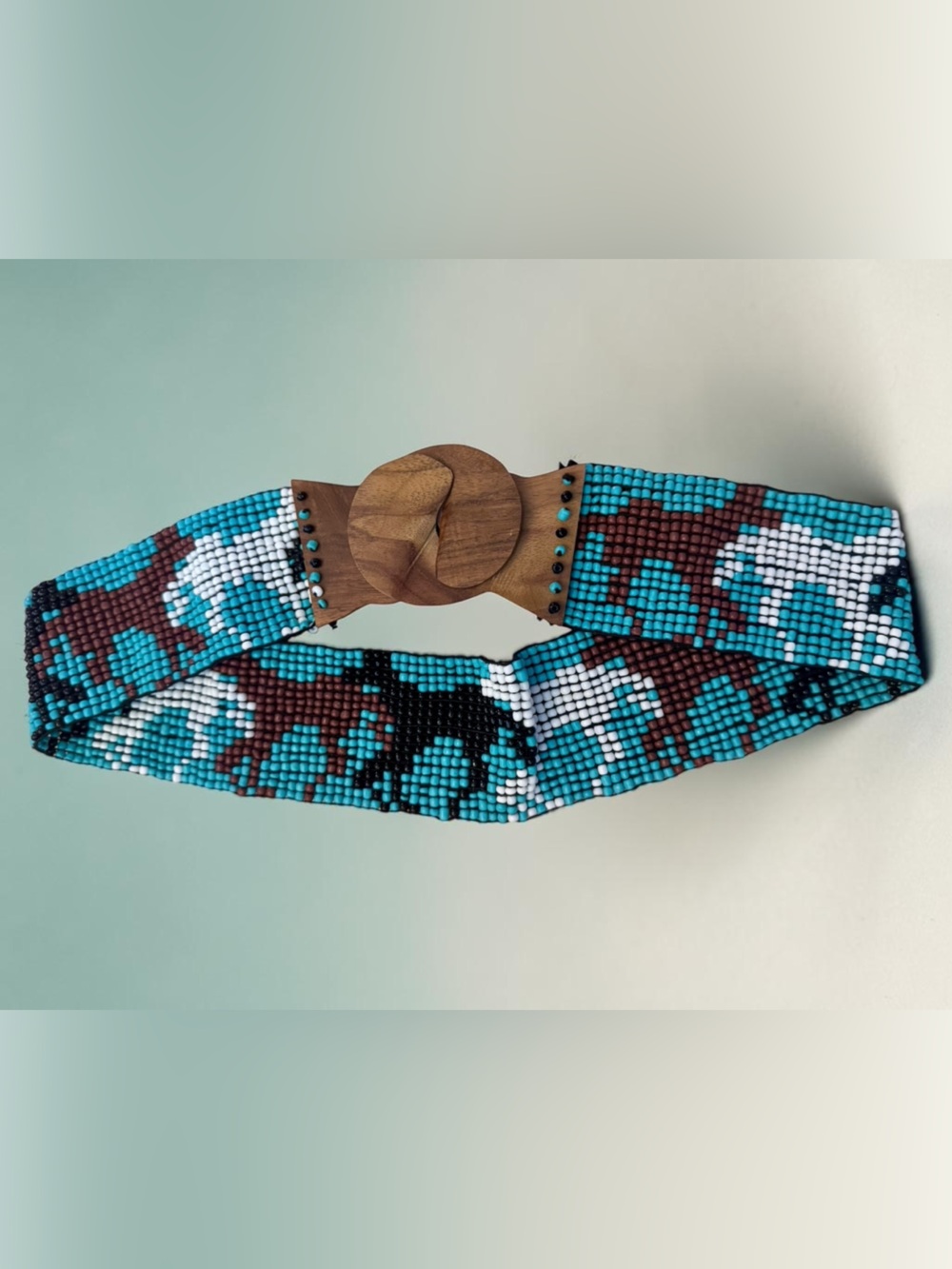 Vtg 90s Seed Bead Horses Belt Western Stretch Waist OS Camo Wood Clasp Boho